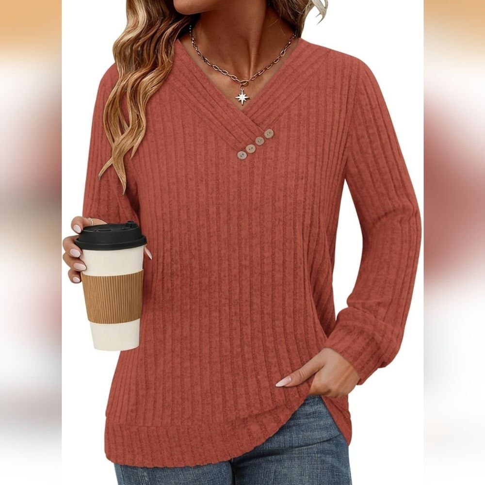 Women's Rust Ribbed Long Sleeve Sweater with Button Detail - NWT